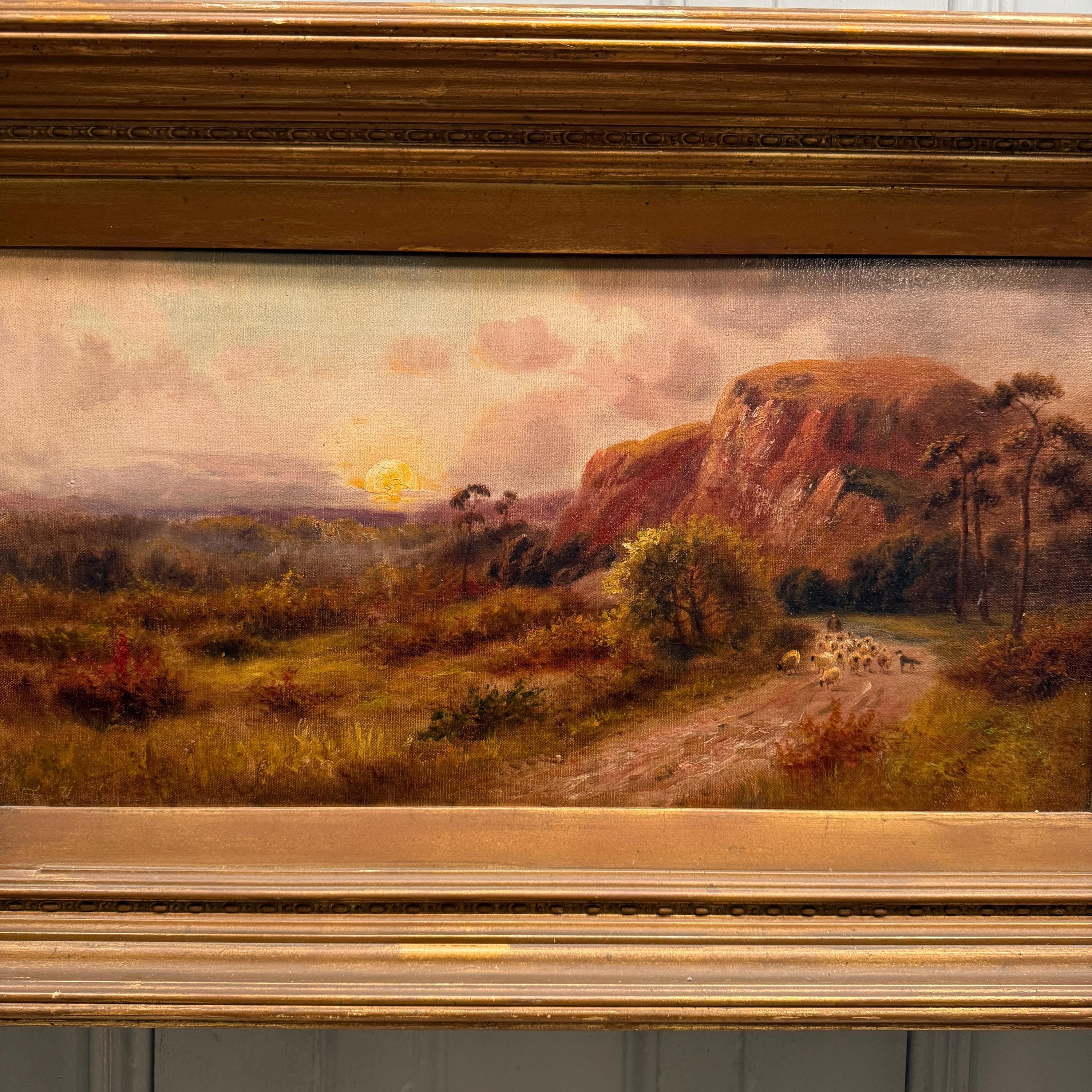 Large Antique Landscape Oil Painting With Sheep at Sunset Signed