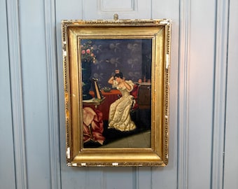 Antique French oil painting portrait study of society lady at dressing table