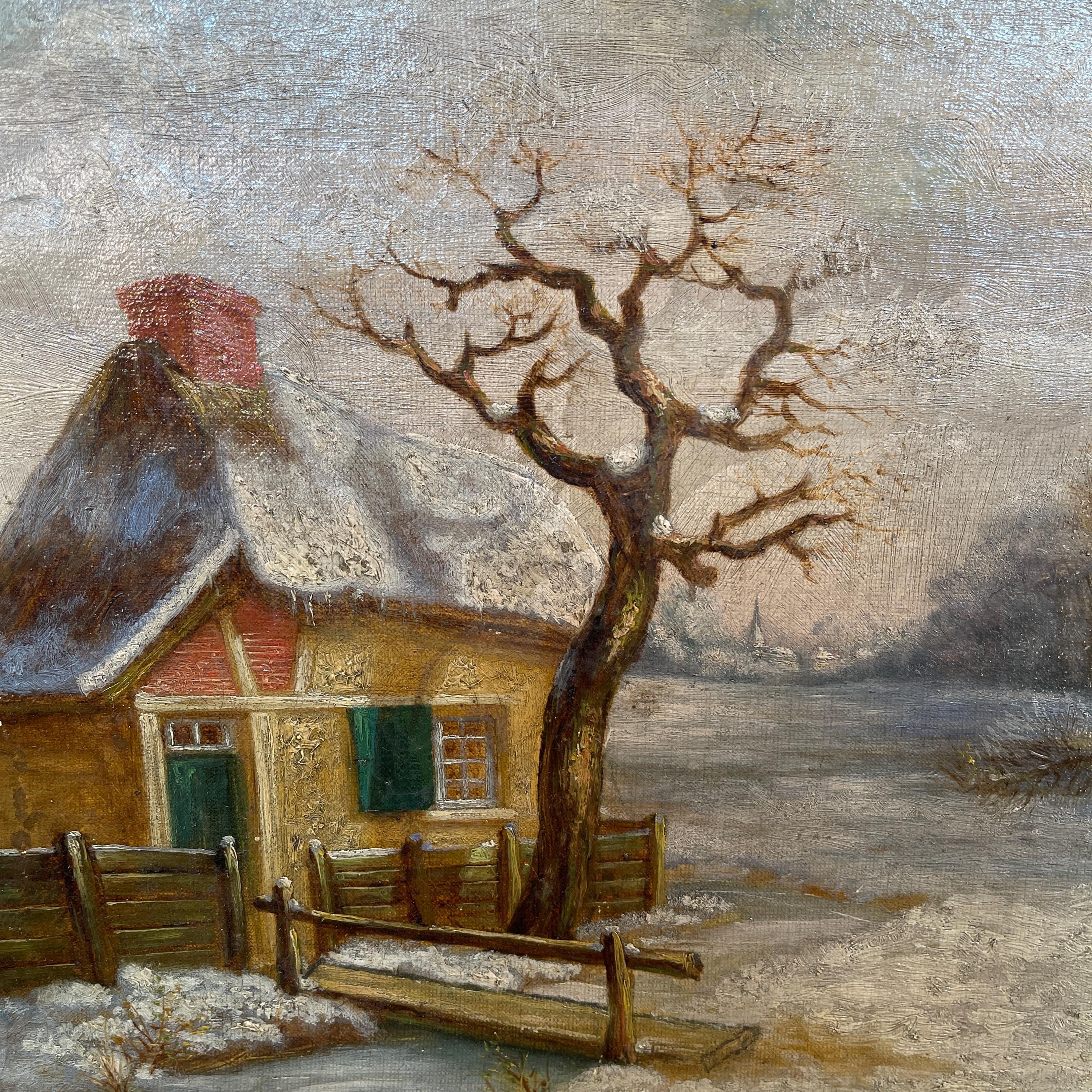 アンティークのフランス風景油絵、冬の雪景色とコテージの習作 - Etsy 日本