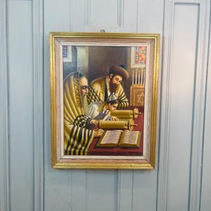 Vintage oil painting portrait of a boy reading the Torah in synagogue with rabbi signed HOR