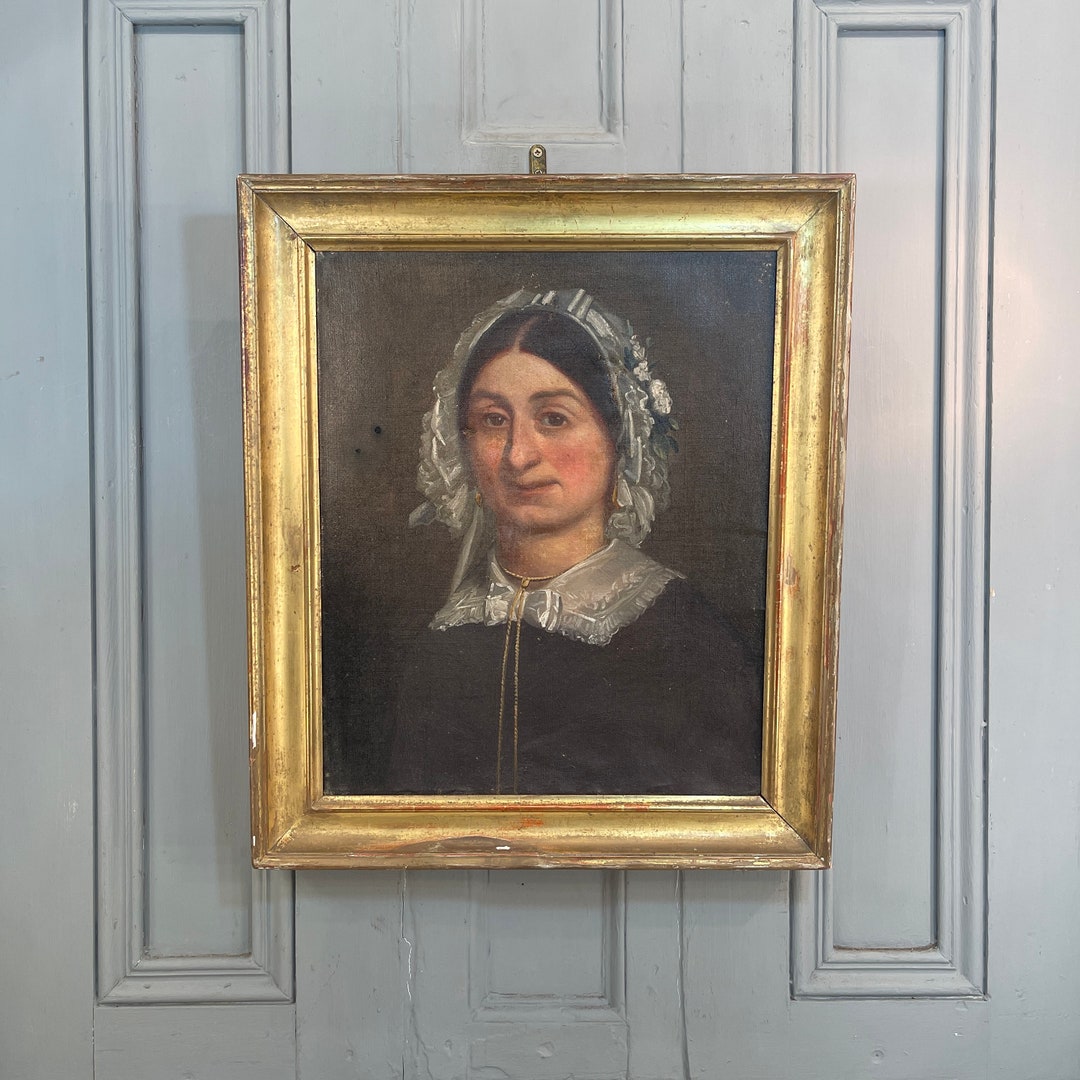 Antique French Oil Painting Portrait of Lady in Bonnet and Lace Collar ...