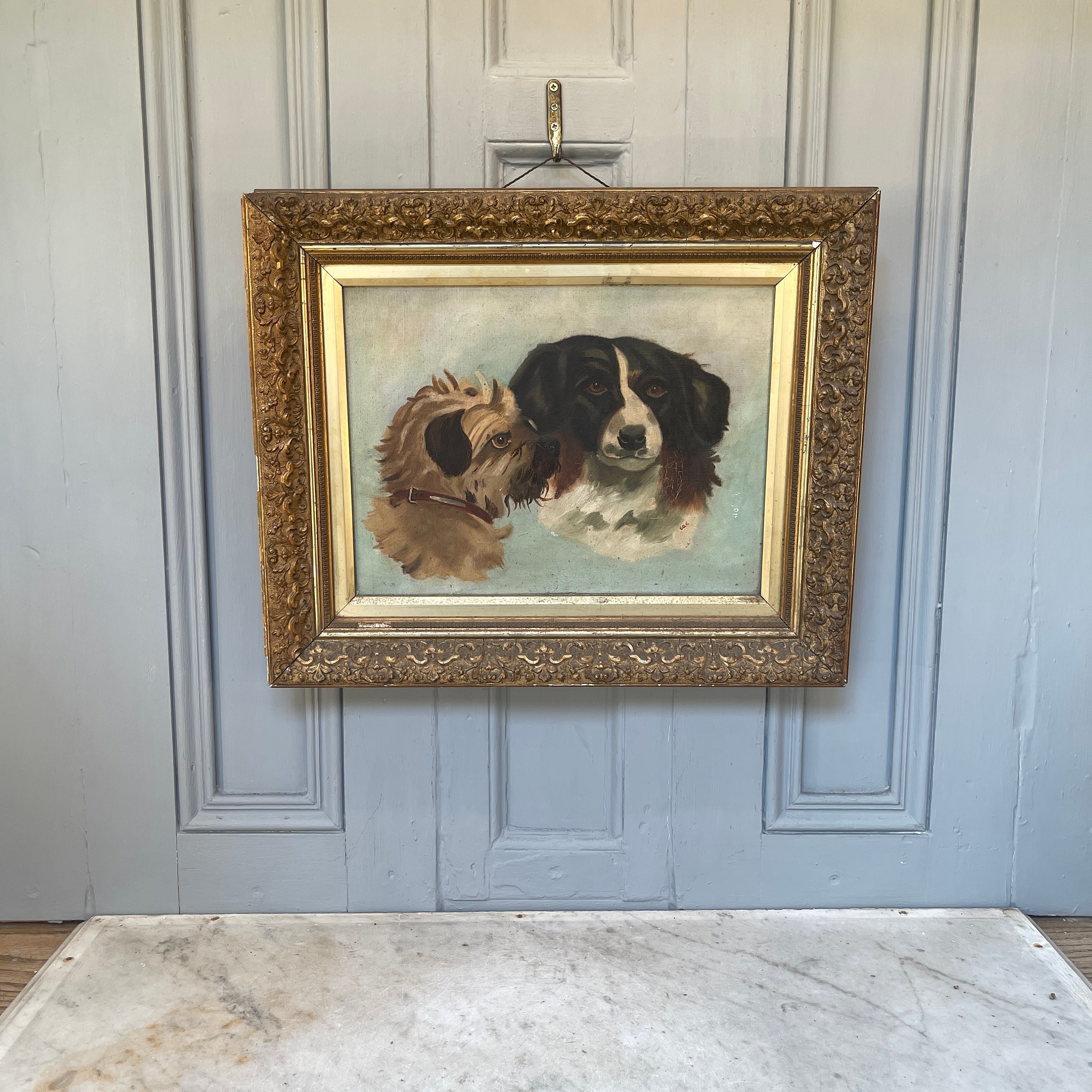 Antique oil painting portrait study of collie and terrier dogs
