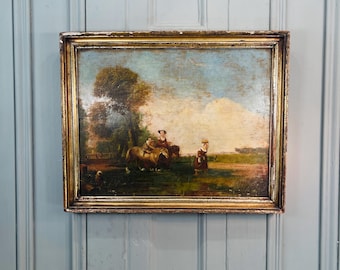 Antique French landscape oil painting of family fording river