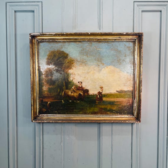 Antique French Landscape Oil Painting of Family Fording River - Etsy