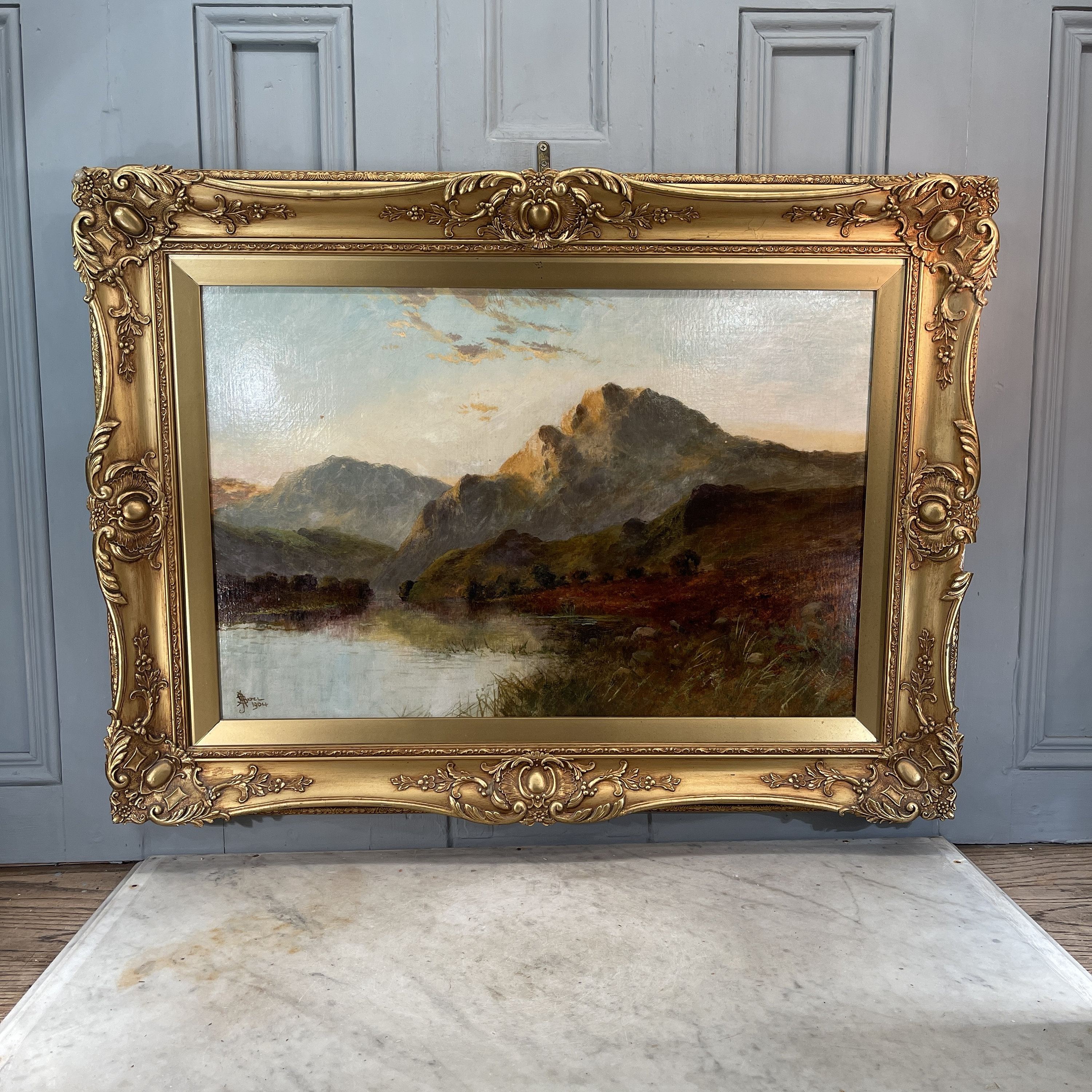 19世紀イギリス油絵、小池側の家 美術品・アンティーク