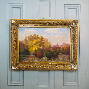 Antik fransk impressionistisk landskapsmålning med höstträd, signerad A Gaffe