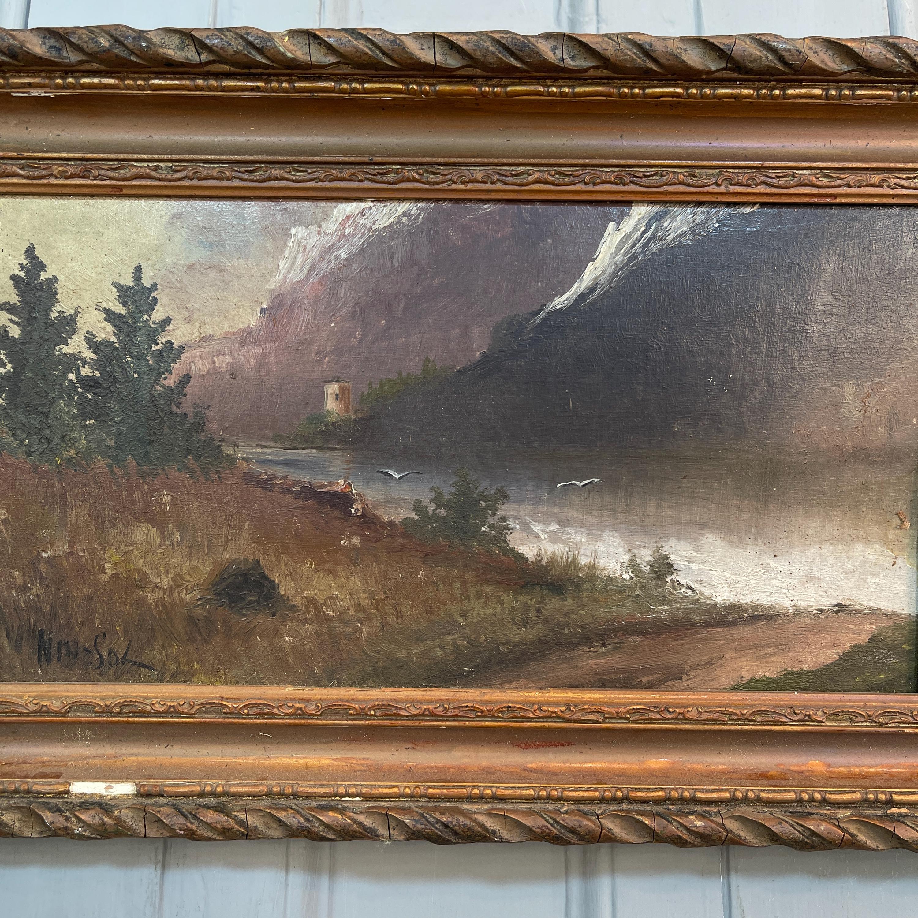 Antique French signed impressionist landscape painting of lake and