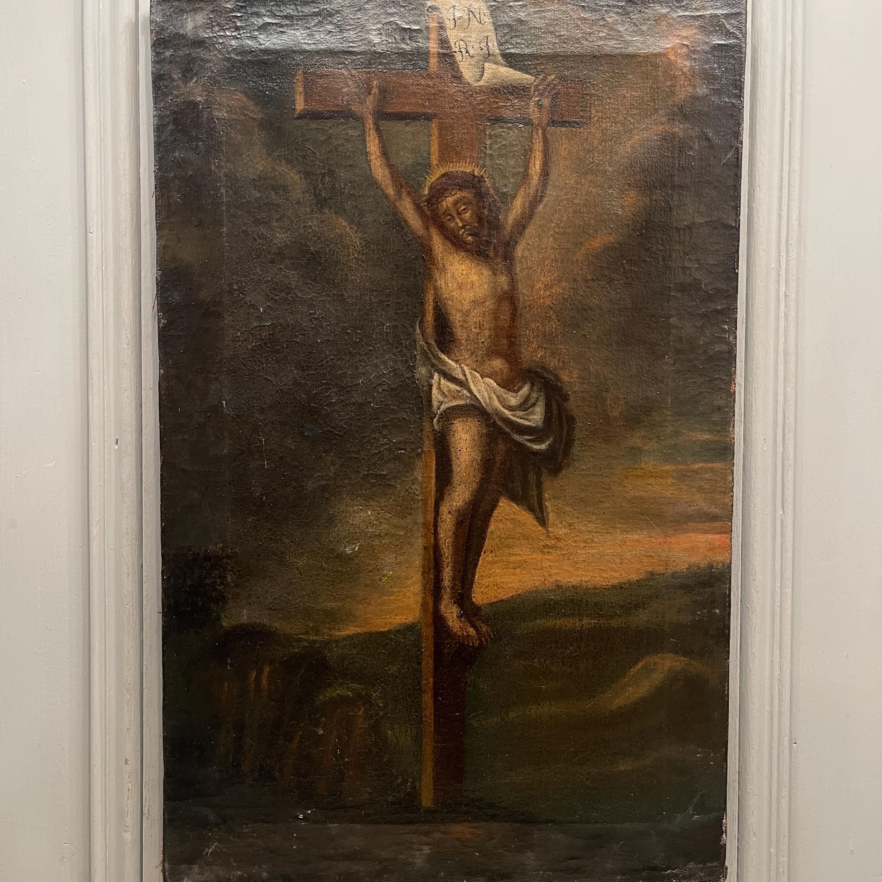Antique French Oil Painting Portrait Study of the Crucifixion of