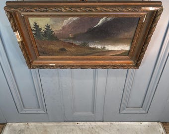 Antique French signed impressionist landscape painting of lake and
