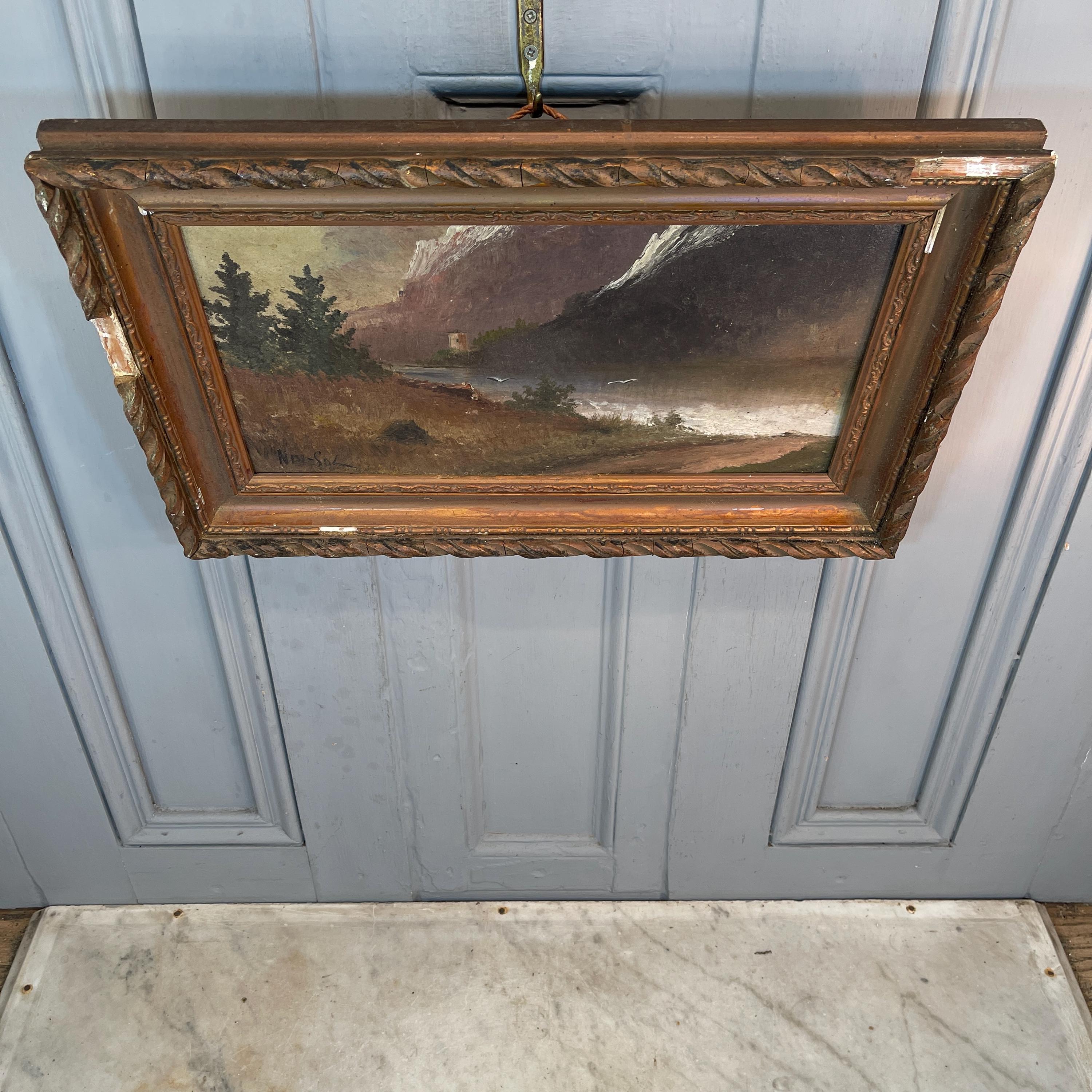 Antique French signed impressionist landscape painting of lake and