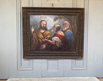 Antique oil painting study of Jesus with two of his disciples signed A Brooks