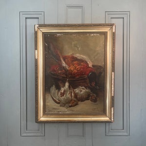 Antique signed French still life oil painting study of game birds