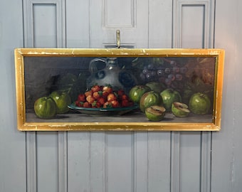 Antique long still life oil painting study of fruit and pitcher