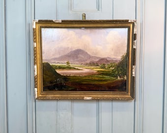 Pintura al óleo de un antiguo paisaje fluvial escocés