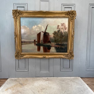 Antique Norwich School river landscape oil painting with windmill and sailing boats image 10