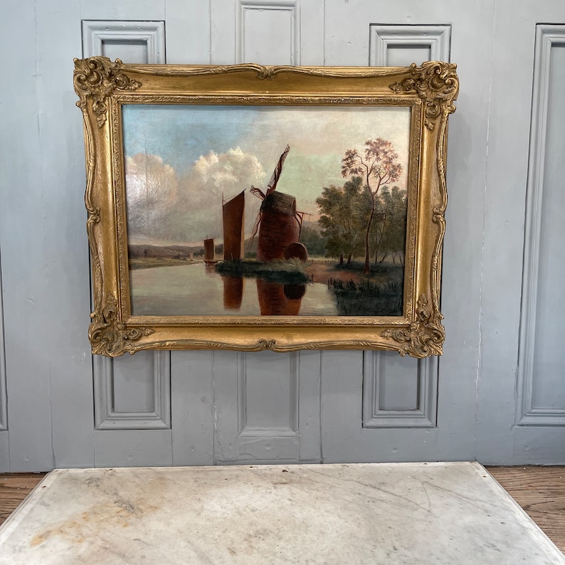 Antique Norwich School river landscape oil painting with windmill and sailing boats image 10