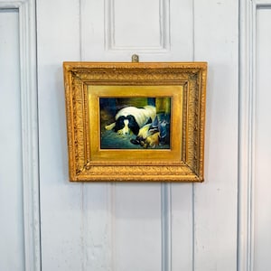 Antique oil painting portrait study of hunting dog with game birds