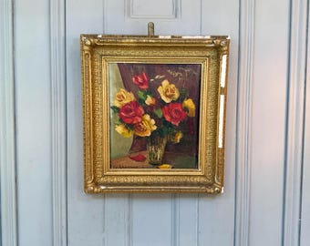 Antique French still life oil painting study of roses signed S Lalanne