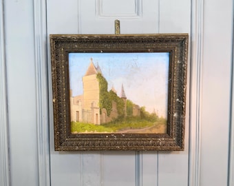 田舎の塔のある別荘を描いたフランスのアンティーク風景油絵習作