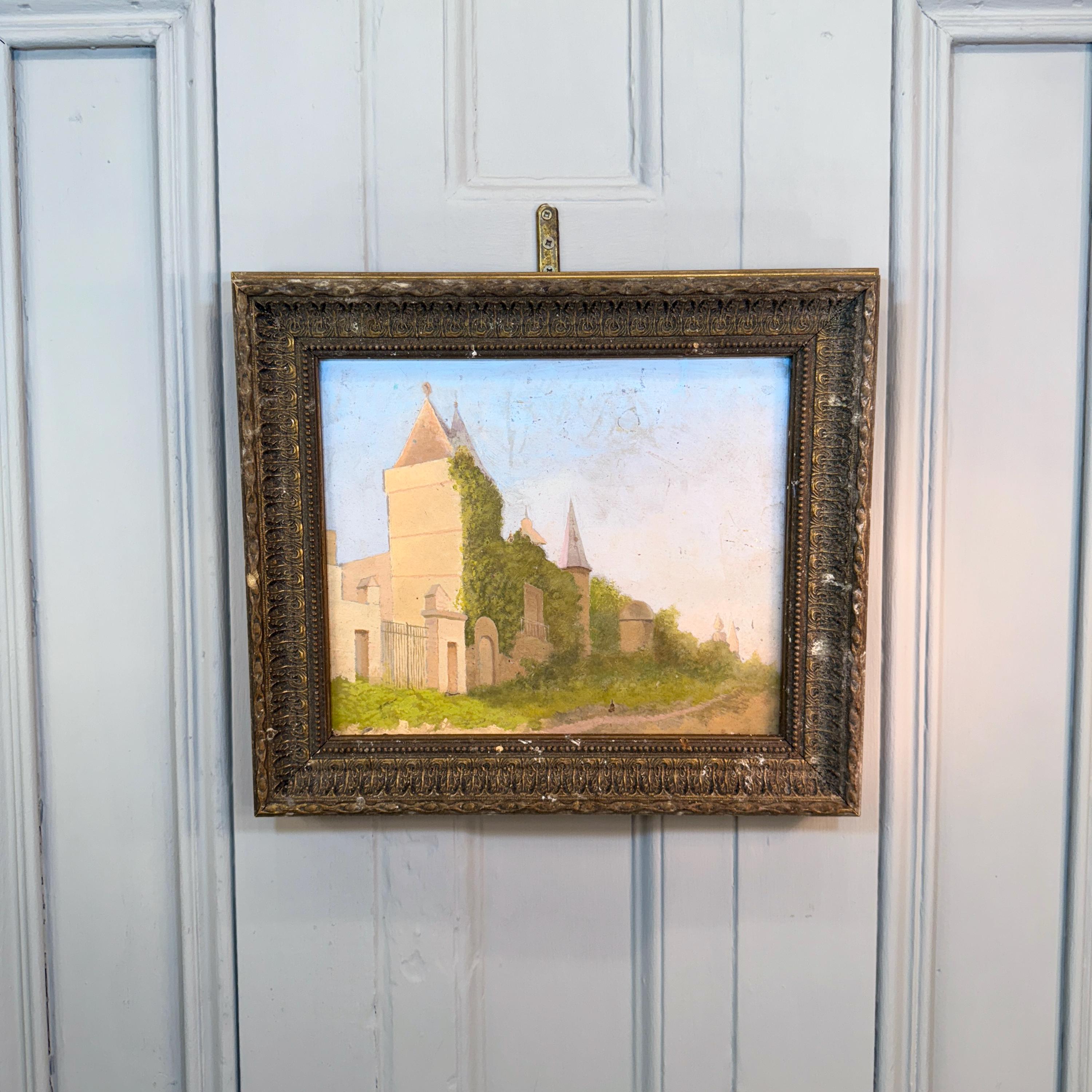 田舎の塔のある別荘を描いたフランスのアンティーク風景油絵習作