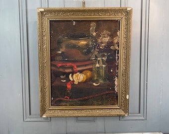 Antiek Frans stillevenolieverfschilderij: fruit, kruik, gesigneerd door Joelens, 1918