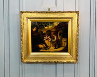 Antique early Victorian oil painting portrait study of farmyard with pigs