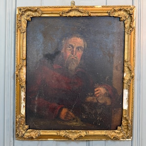 Antique Continental oil painting portrait of a moneylender
