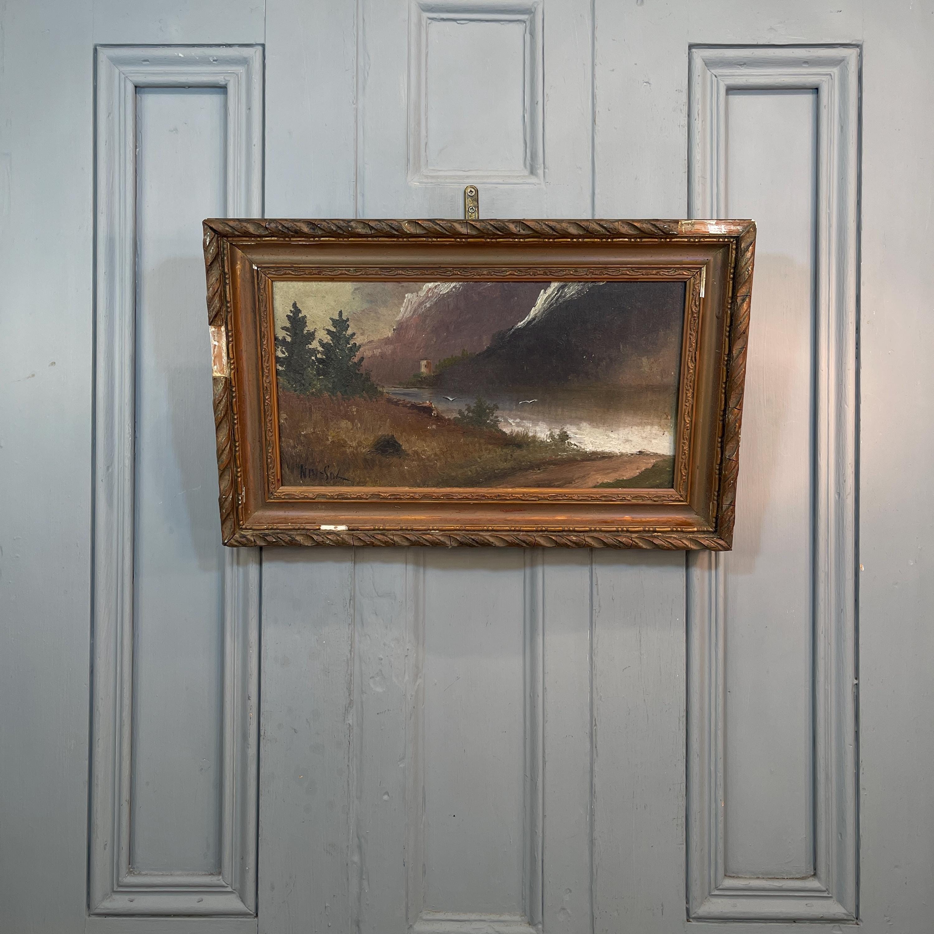Antique French signed impressionist landscape painting of lake and