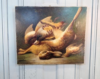 Antiek gesigneerd Frans stillevenolieverfschilderij van vederwild en hazen