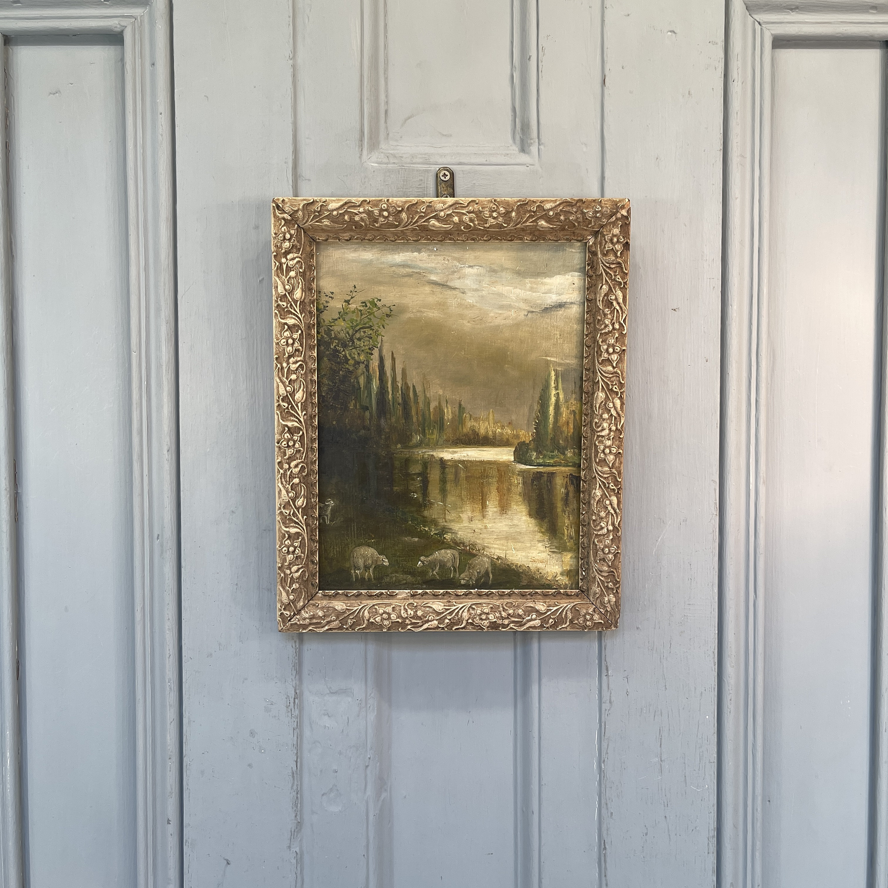 アンティークな印象派の風景油絵、羊とシドニーのサイン入り - Etsy 日本