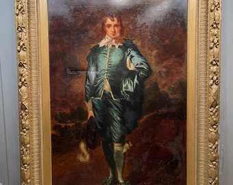 Very large antique Victorian oil painting portrait of a young gentleman in blue satin suit