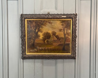 Antiek landschapsolieverfschilderij met herder en schaap