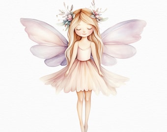 Puede incluir: Ilustración en acuarela de un hada con pelo largo y rubio, ojos cerrados y una corona floral. El hada lleva un vestido rosa claro y tiene grandes alas translúcidas en tonos rosas y morados. Fondo blanco.