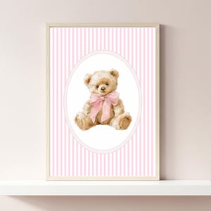 Rosa Vintage Bär Kinderzimmer Wandkunst, Mädchen-Kinderzimmer-Dekor, rosa Bären-Streifen-Druck, Baby Mädchen Zimmer Poster, Vintage-Dekor, printable Download