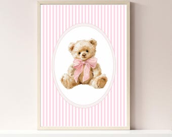 Väggkonst med rosa vintagebjörn för barnrum, barnrumsdekor för flickor, rosa ränder med björntryck, affisch med flickrum, vintagedekor, utskrivbar nedladdning
