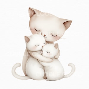 May include: A watercolor illustration of three white cats hugging. The largest cat is in the back, with two smaller cats in front, embracing each other. All three cats have closed eyes, suggesting a peaceful, loving scene.