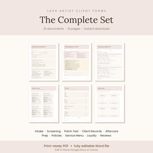 May include: A digital set of lash artist client forms including 10 documents and 15 pages. The set features text titled Lash Artist Client Forms, The Complete Set, Intake, Screening, Patch Test, Client Records, Aftercare, Prep, Policies, Service Menu, Loyalty, and Reviews. The documents are presented in a clean, neutral layout.