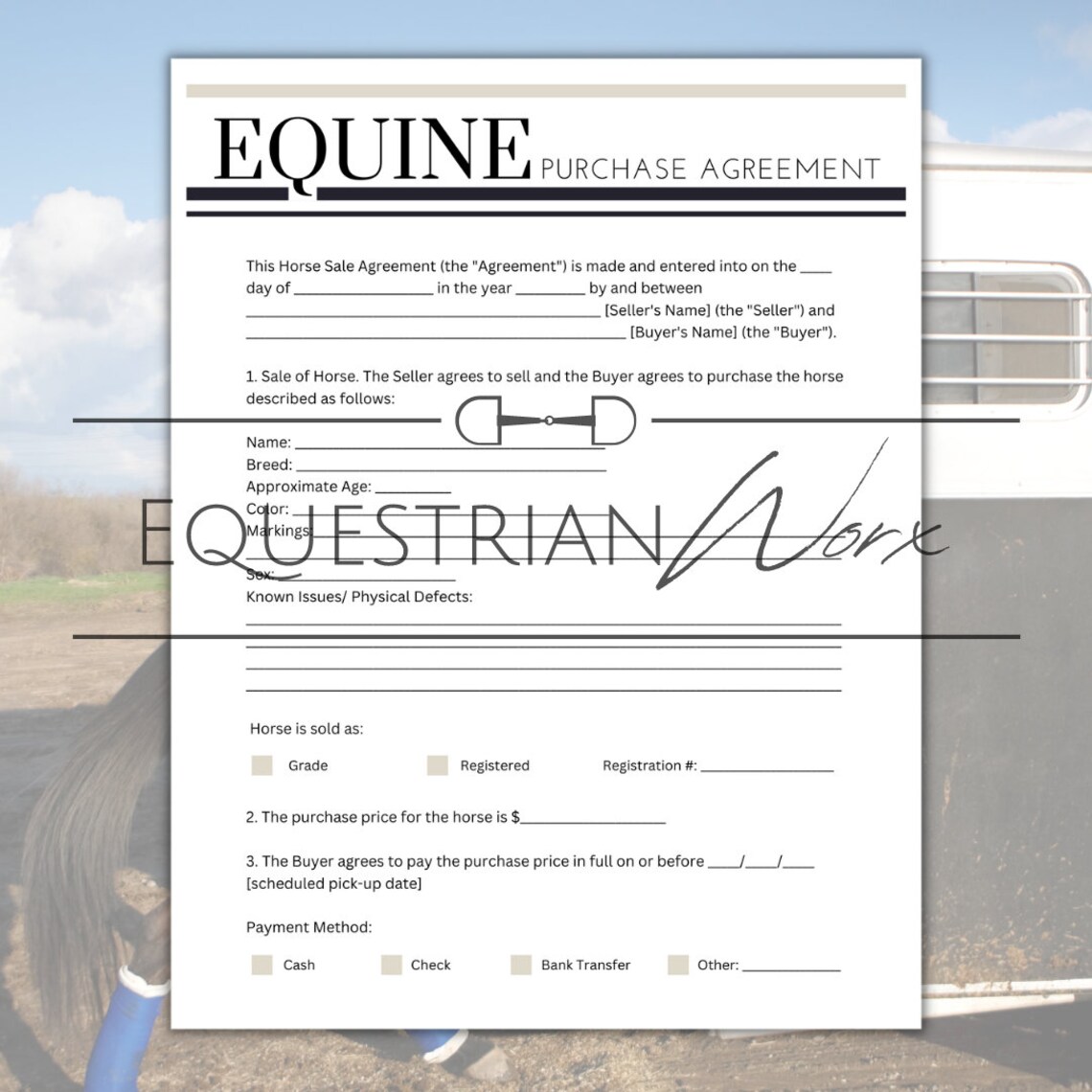 Equine Horse Sale Agreement Etsy