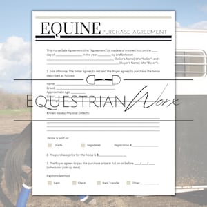 以下が含まれることがあります： 手書きの署名が付いた白黒の馬の購入契約書。この用紙には、馬の名前、品種、年齢、既知の問題に関するセクションが含まれています。また、購入価格と支払い方法に関するセクションも含まれています。