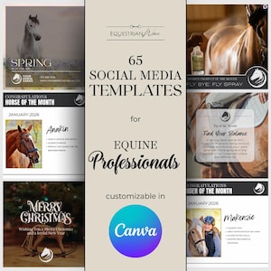 Puede incluir: Un conjunto de 65 plantillas de redes sociales para profesionales ecuestres, personalizables en Canva. La imagen incluye diseños con temas relacionados con caballos, como saludos de temporada y consejos. La imagen también presenta un caballo y un jinete.
