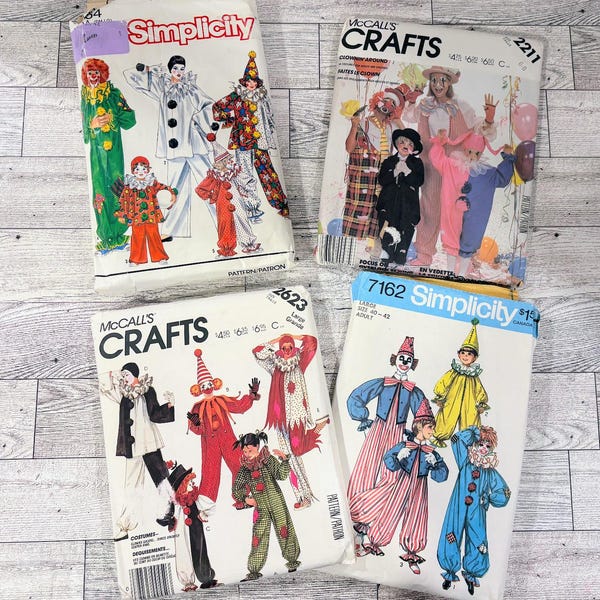 Naaipatronen vintage clownkostuum - volwassene en kind, JOUW KEUZE