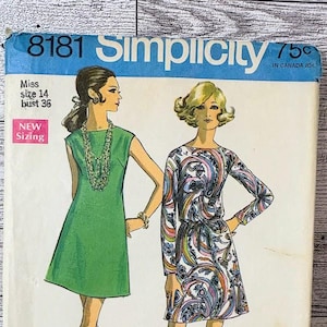 Vintage 1969 Simplicity Pattern No. 8181 - Misses&#39; Jiffy Simple to Sew Dress, Size 14, Bust 36