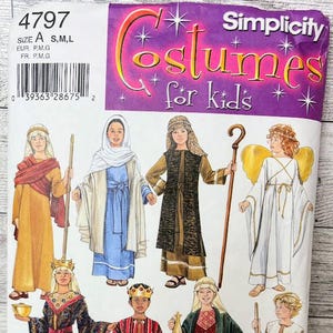 May include: A Simplicity sewing pattern envelope 4797 for kids' costumes in size A, S, M, L. The front features illustrations of eight children wearing various historical and biblical-style outfits, including robes, tunics, crowns, and angel wings.