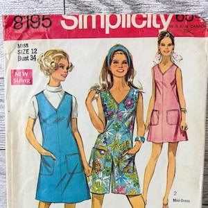 Vintage 1969 Simplicity Pattern No. 8195 - Misses&#39; Jiffy Simple to Sew Dress or Jumper in Two Lengths and Mini Pantdress, Size 12, Bust 34