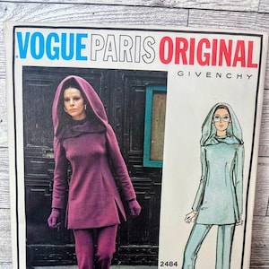 RARE 1970&#39;s Vintage Givenchy for Vogue Pattern No. 2484 - Misses&#39; Tunic, Pants, and Hood  Sizes 14, Bust 36, Hip 38, UNCUT Pattern