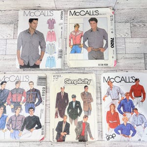 May include: A collection of five sewing patterns from McCall's and Simplicity brands. The envelopes feature illustrations of various shirts, blazers, and suits for different sizes, including pattern numbers M6044, 7820, 6569, 8783, and 9424.
