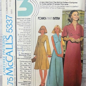 May include: Vintage McCall's 5337 sewing pattern for a half-size dress. The pattern features illustrations of three different dress styles in shades of gold, blue, and red. The pattern includes size combinations and instructions.