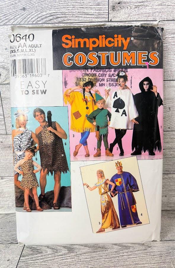 1996 Simplicity Costume Sewing Pattern No. 0640 - Unisex Adult Costume ...