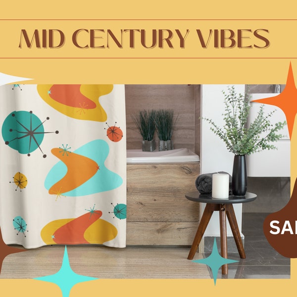 Mid Century Modern Minimalist Shower Curtain Gift for Home Atomic Stars Mid Mod Shower Curtain MCM Home Bath Decor Mid Century Modern Shower