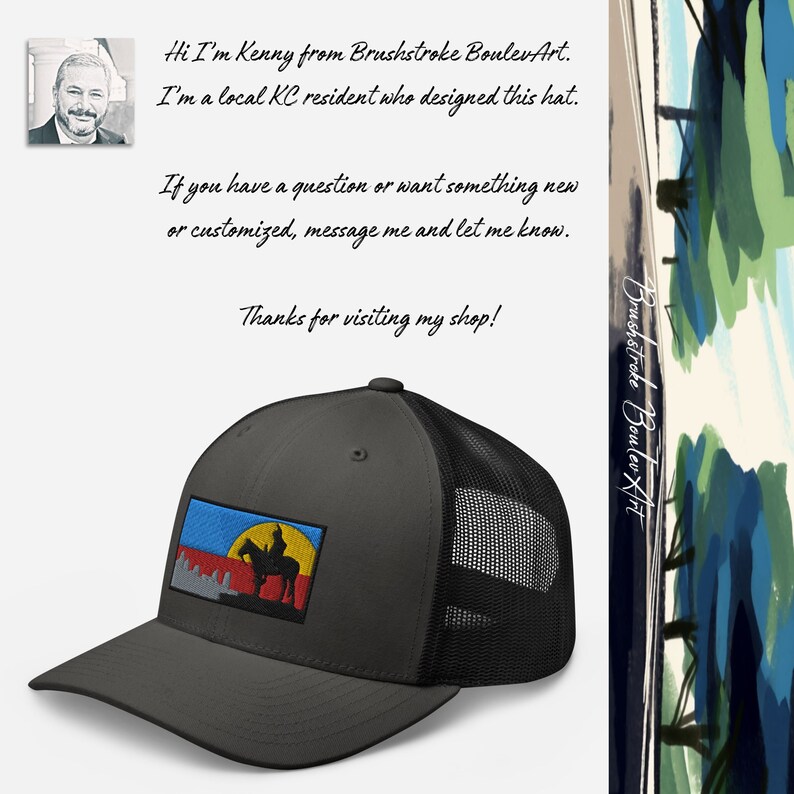 May include: A gray and black trucker hat with a colorful embroidered patch featuring a silhouette of a person riding a horse. The patch has a blue, yellow, red, and white color scheme. The text "Brushstroke BoulevArt" is visible on the right side of the image.